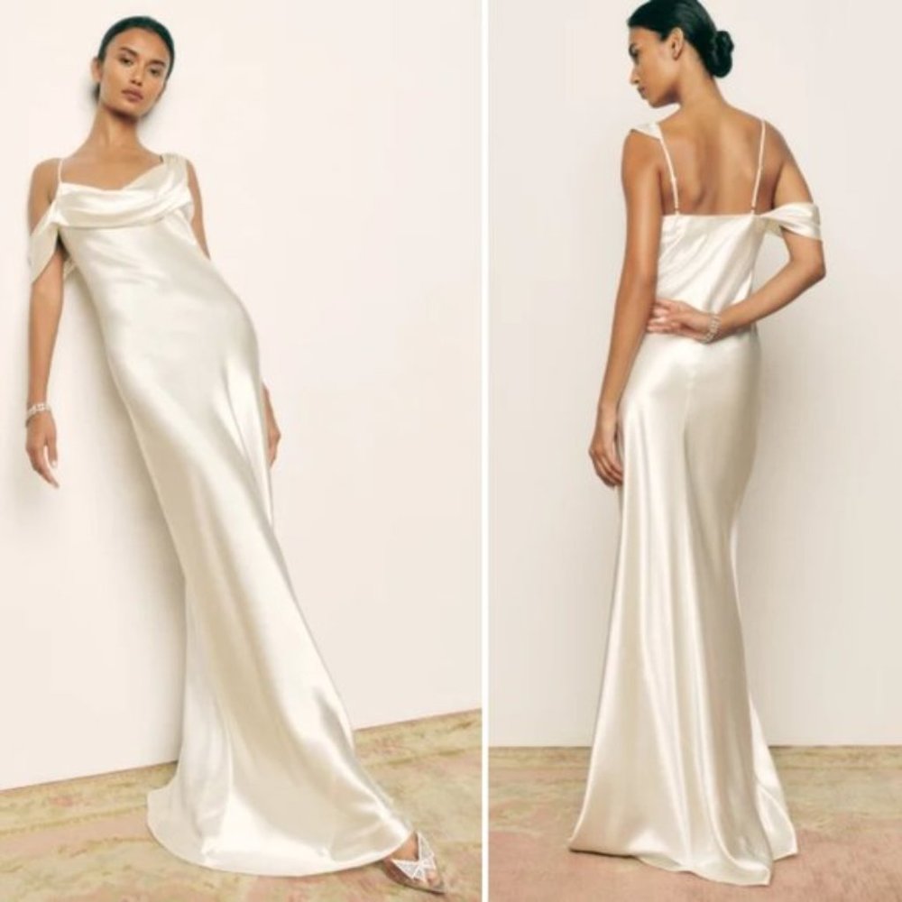 Reformation Ronda Silk Maxi Dress SZ 4 Ivory One Shoulder Asymmetrical Neckline